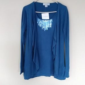New Sag Harbor Ruffle Sequins Embellished Open Front Cardigan Sweater S Blue